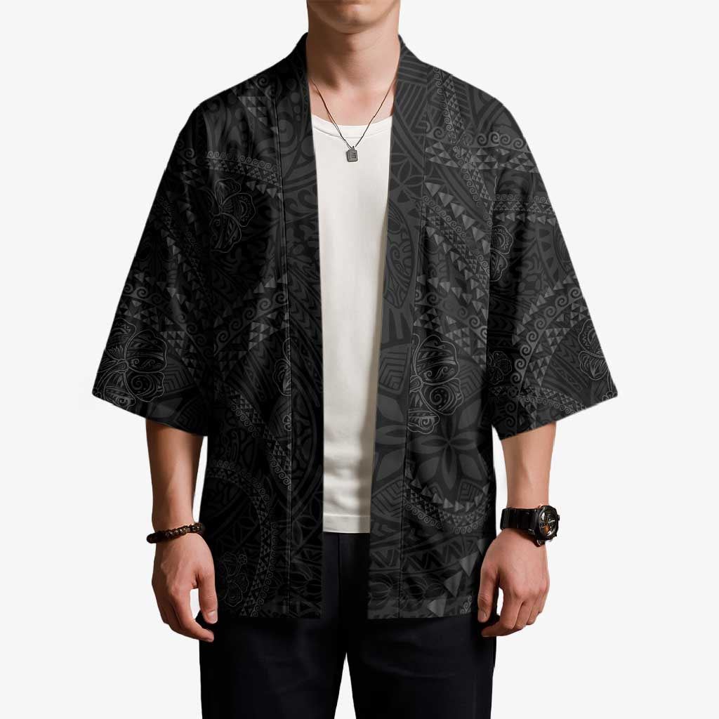 Hawaiian Kakau Art and Hisbiscus Tattoo Kimono Tribal Pattern-Black Gradient Style - Polynesian Pride