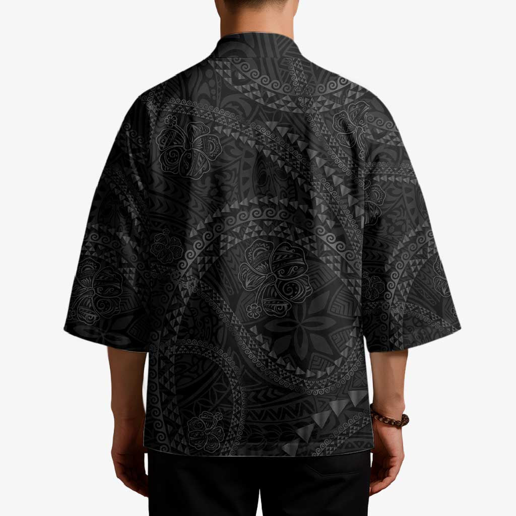 Hawaiian Kakau Art and Hisbiscus Tattoo Kimono Tribal Pattern-Black Gradient Style - Polynesian Pride