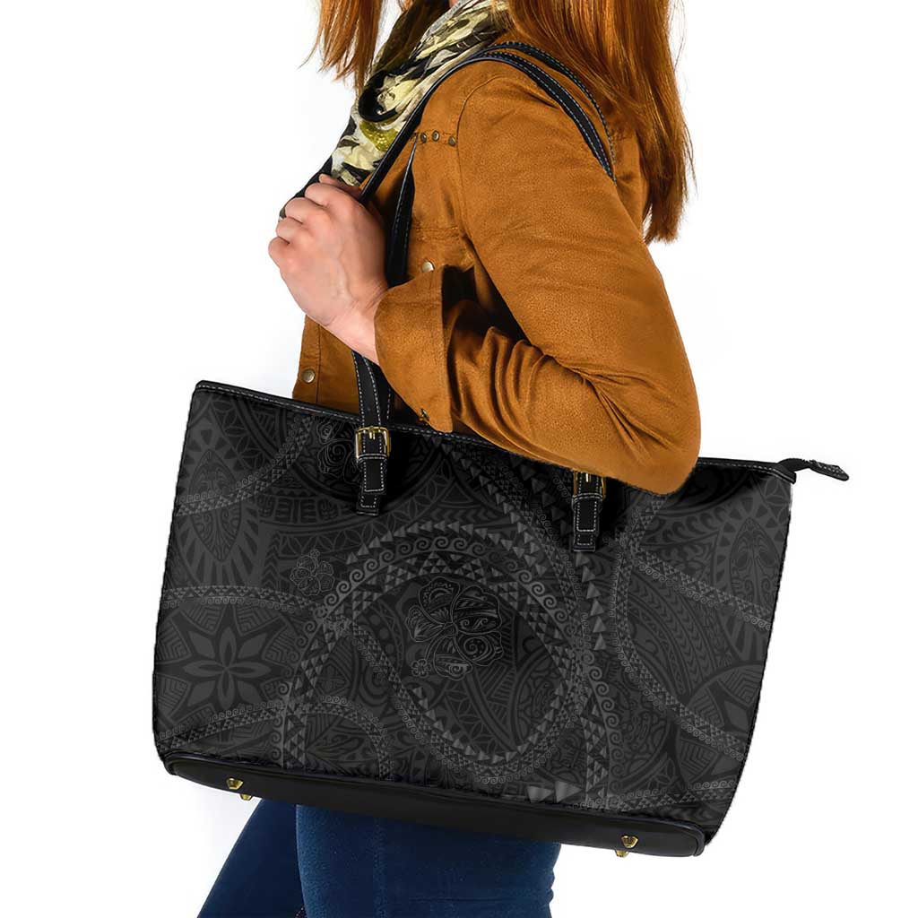 Hawaiian Kakau Art and Hisbiscus Tattoo Leather Tote Bag Tribal Pattern-Black Gradient Style - Polynesian Pride