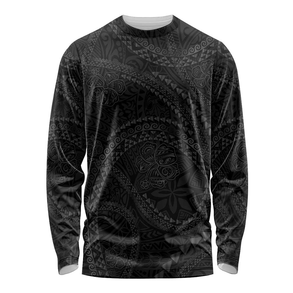 Hawaiian Kakau Art and Hisbiscus Tattoo Long Sleeve Shirt Tribal Pattern-Black Gradient Style LT03 Unisex Black - Polynesian Pride