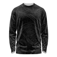 Hawaiian Kakau Art and Hisbiscus Tattoo Long Sleeve Shirt Tribal Pattern-Black Gradient Style LT03 Unisex Black - Polynesian Pride