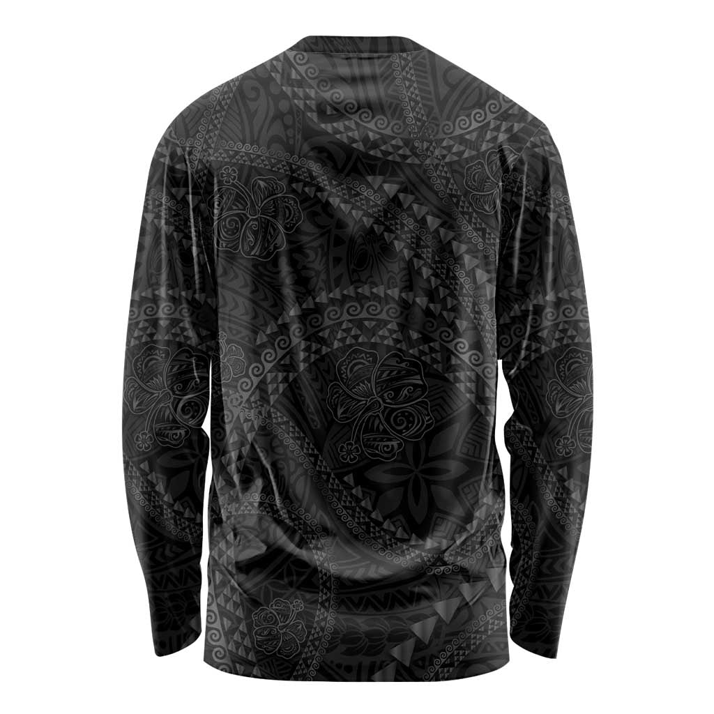 Hawaiian Kakau Art and Hisbiscus Tattoo Long Sleeve Shirt Tribal Pattern-Black Gradient Style LT03 - Polynesian Pride