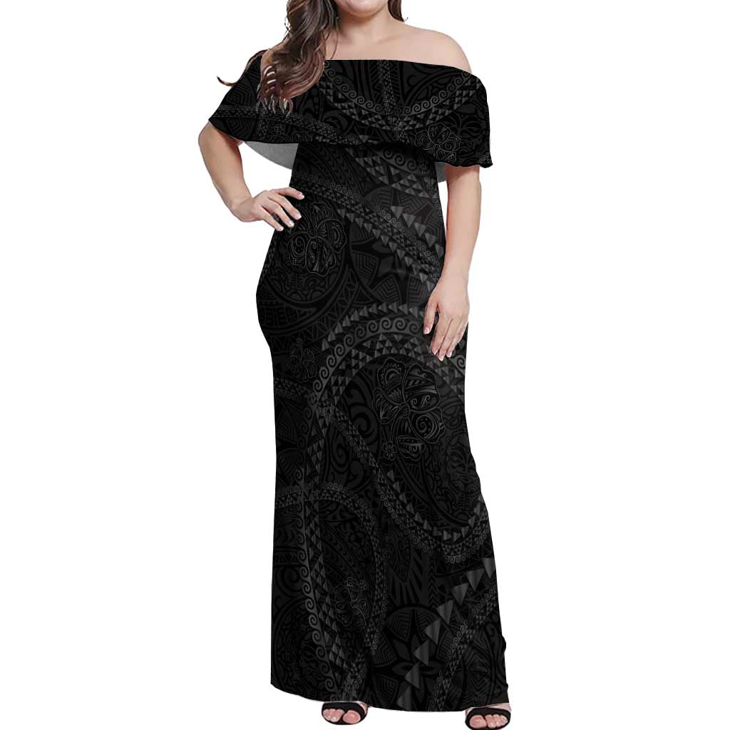 Hawaiian Kakau Art and Hisbiscus Tattoo Off Shoulder Maxi Dress Tribal Pattern-Black Gradient Style - Polynesian Pride
