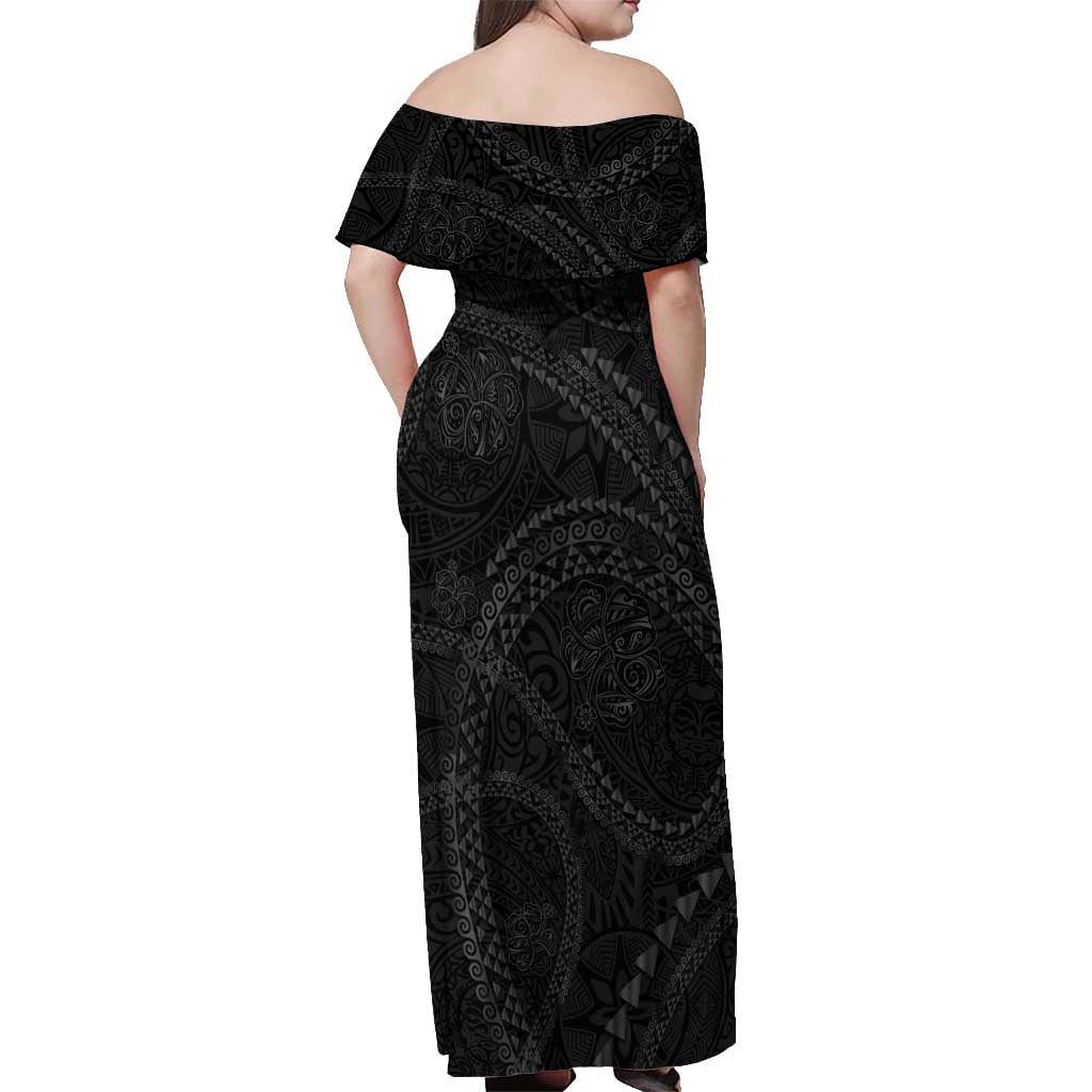 Hawaiian Kakau Art and Hisbiscus Tattoo Off Shoulder Maxi Dress Tribal Pattern-Black Gradient Style - Polynesian Pride
