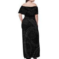 Hawaiian Kakau Art and Hisbiscus Tattoo Off Shoulder Maxi Dress Tribal Pattern-Black Gradient Style - Polynesian Pride