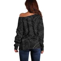 Hawaiian Kakau Art and Hisbiscus Tattoo Off Shoulder Sweater Tribal Pattern-Black Gradient Style - Polynesian Pride