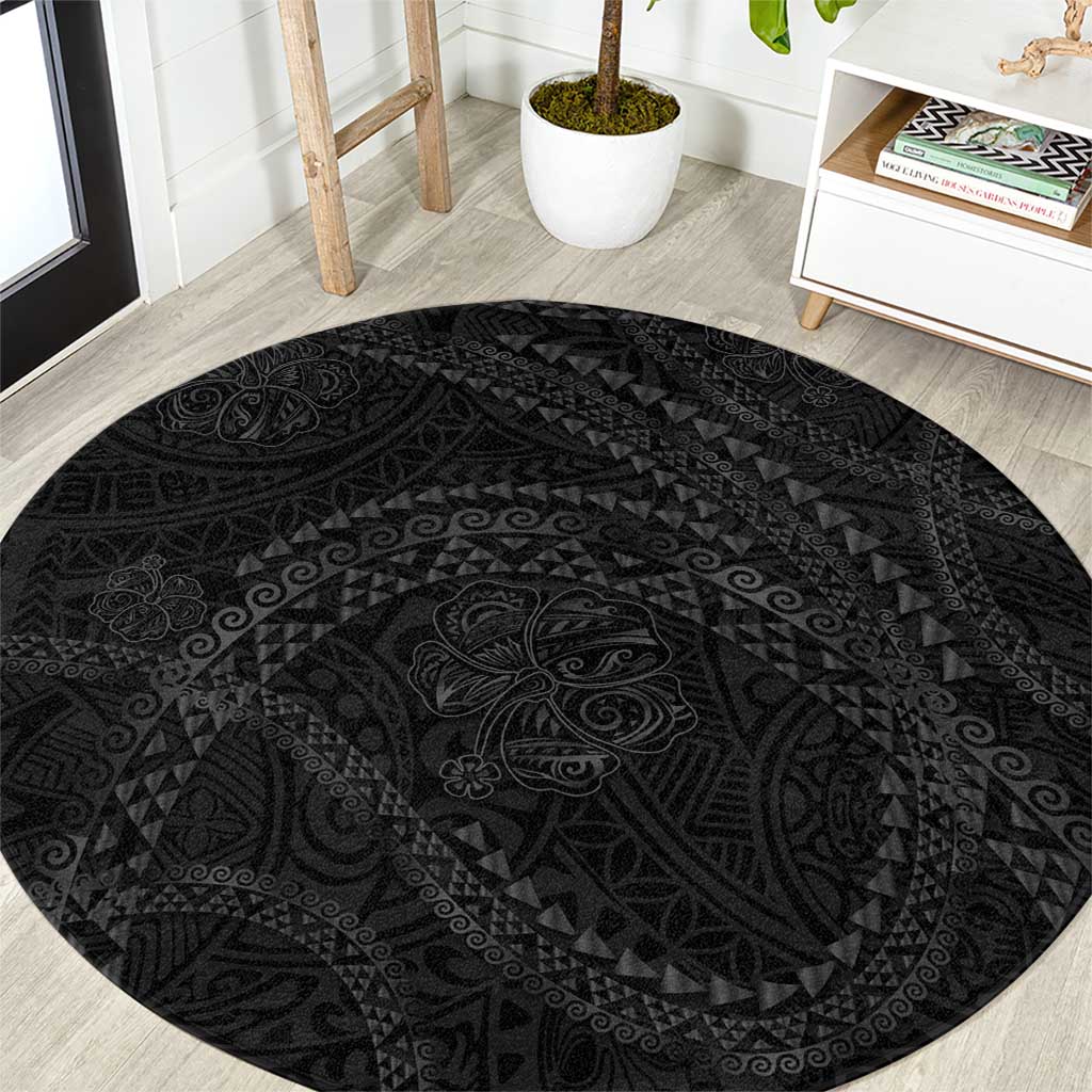 Hawaiian Kakau Art and Hisbiscus Tattoo Round Carpet Tribal Pattern-Black Gradient Style - Polynesian Pride