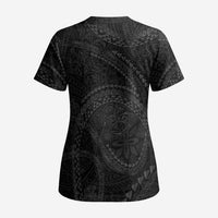Hawaiian Kakau Art and Hisbiscus Tattoo Scrub Top Tribal Pattern-Black Gradient Style - Polynesian Pride