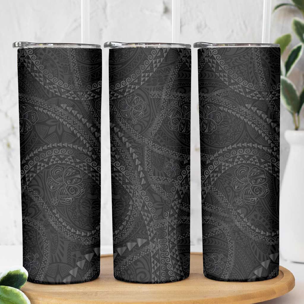 Hawaiian Kakau Art and Hisbiscus Tattoo Skinny Tumbler Tribal Pattern-Black Gradient Style - Polynesian Pride
