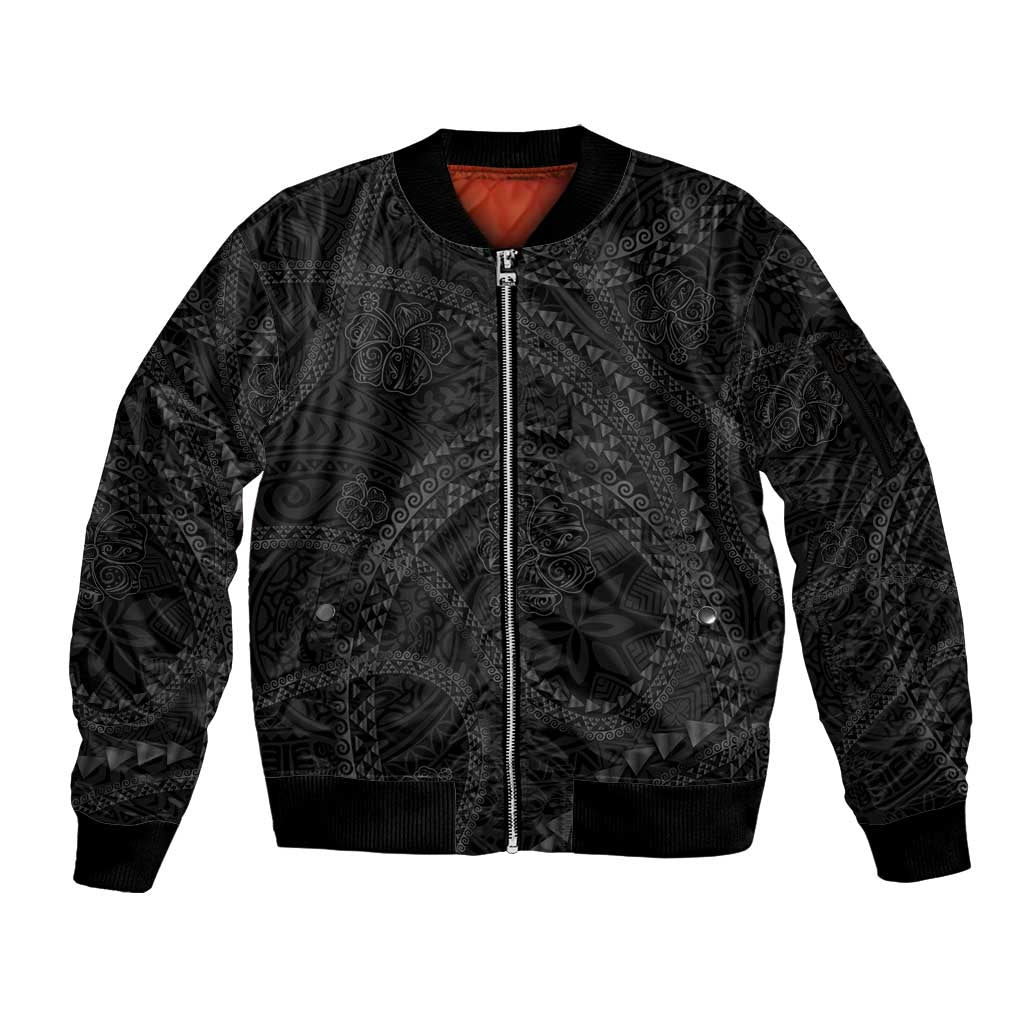 Hawaiian Kakau Art and Hisbiscus Tattoo Sleeve Zip Bomber Jacket Tribal Pattern-Black Gradient Style - Polynesian Pride