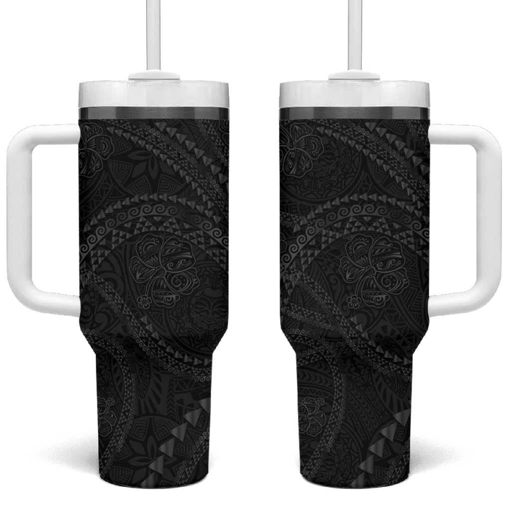 Hawaiian Kakau Art and Hisbiscus Tattoo Tumbler With Handle Tribal Pattern-Black Gradient Style - Polynesian Pride