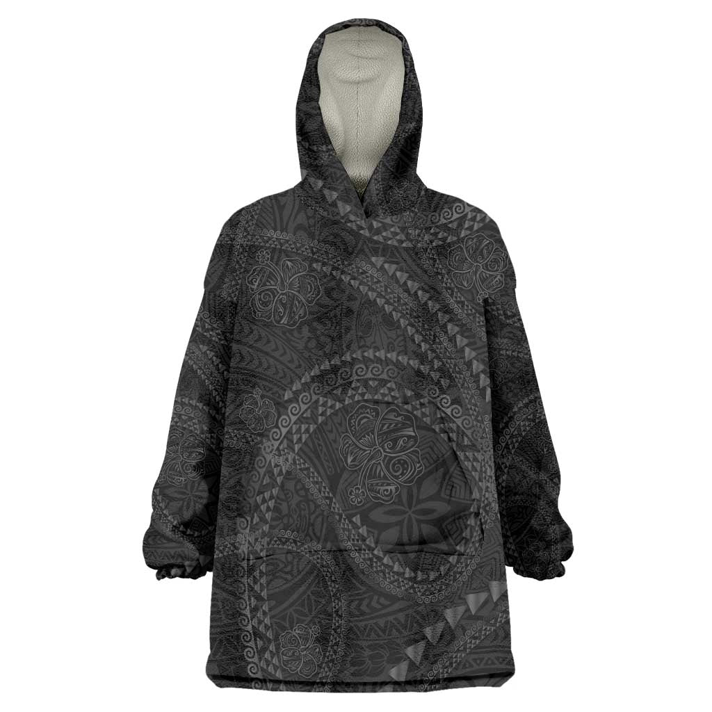 Hawaiian Kakau Art and Hisbiscus Tattoo Wearable Blanket Hoodie Tribal Pattern-Black Gradient Style - Polynesian Pride