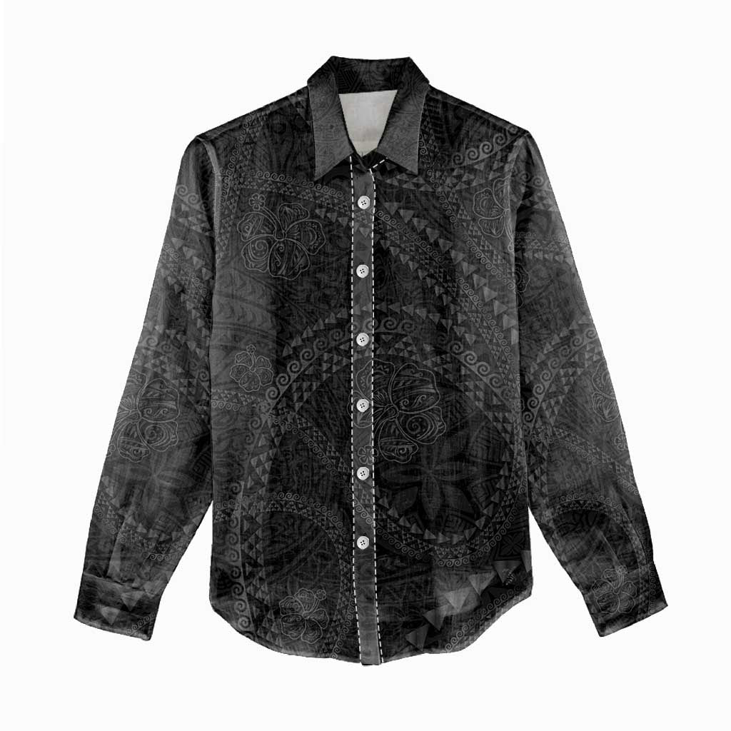 Hawaiian Kakau Art and Hisbiscus Tattoo Women Casual Shirt Tribal Pattern-Black Gradient Style - Polynesian Pride