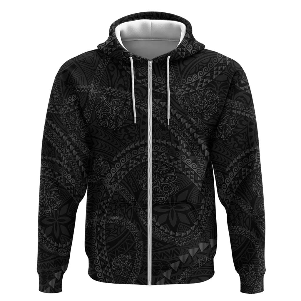 Hawaiian Kakau Art and Hisbiscus Tattoo Zip Hoodie Tribal Pattern-Black Gradient Style - Polynesian Pride