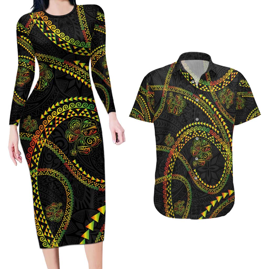Hawaiian Kakau Art and Hisbiscus Tattoo Couples Matching Long Sleeve Bodycon Dress and Hawaiian Shirt Tribal Pattern-Reggae Style - Polynesian Pride