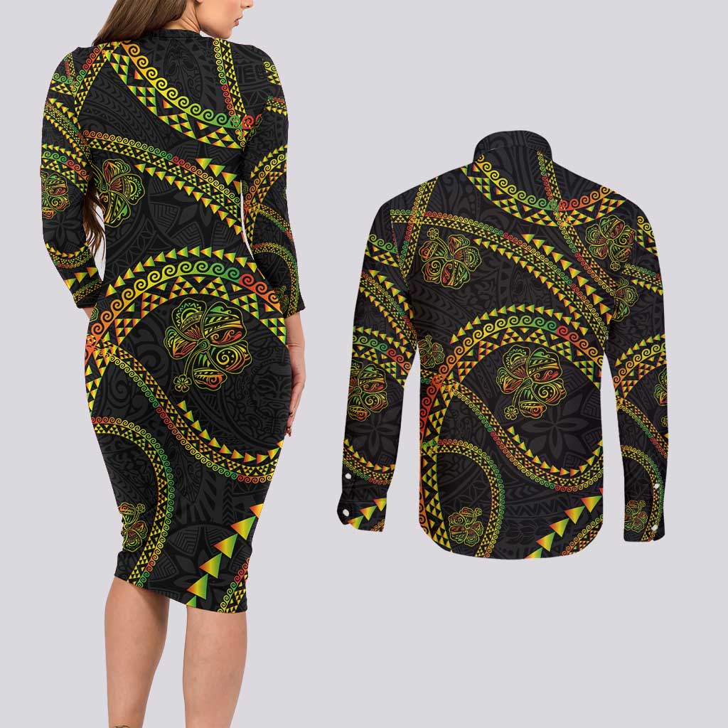 Hawaiian Kakau Art and Hisbiscus Tattoo Couples Matching Long Sleeve Bodycon Dress and Long Sleeve Button Shirt Tribal Pattern-Reggae Style - Polynesian Pride