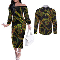 Hawaiian Kakau Art and Hisbiscus Tattoo Couples Matching Off The Shoulder Long Sleeve Dress and Long Sleeve Button Shirt Tribal Pattern-Reggae Style - Polynesian Pride