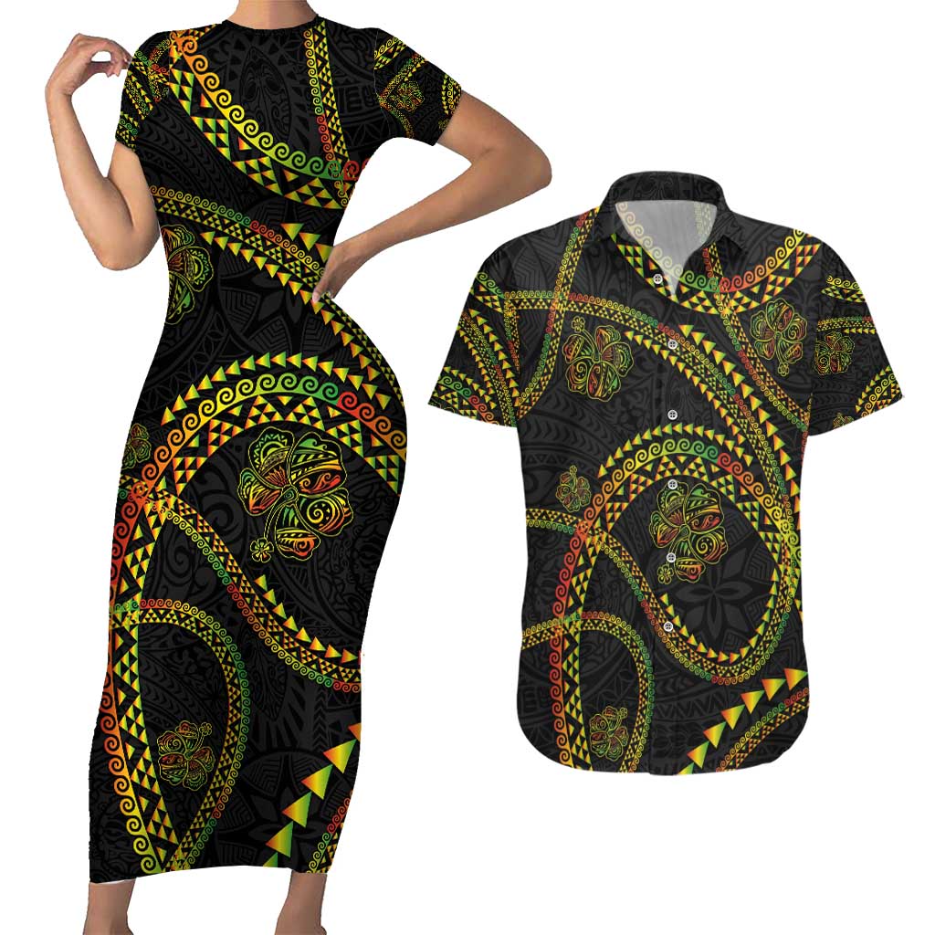 Hawaiian Kakau Art and Hisbiscus Tattoo Couples Matching Short Sleeve Bodycon Dress and Hawaiian Shirt Tribal Pattern-Reggae Style - Polynesian Pride