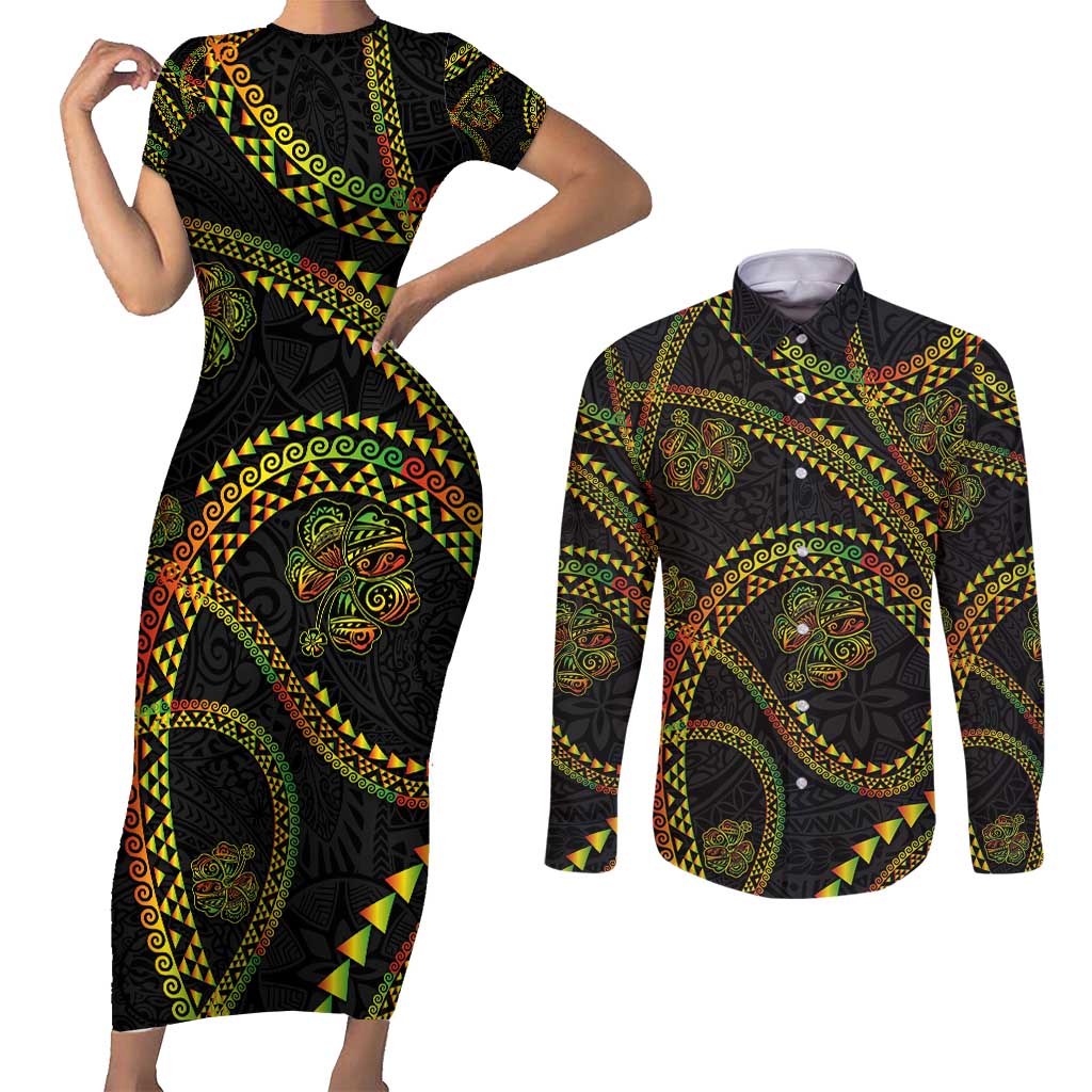 Hawaiian Kakau Art and Hisbiscus Tattoo Couples Matching Short Sleeve Bodycon Dress and Long Sleeve Button Shirt Tribal Pattern-Reggae Style - Polynesian Pride