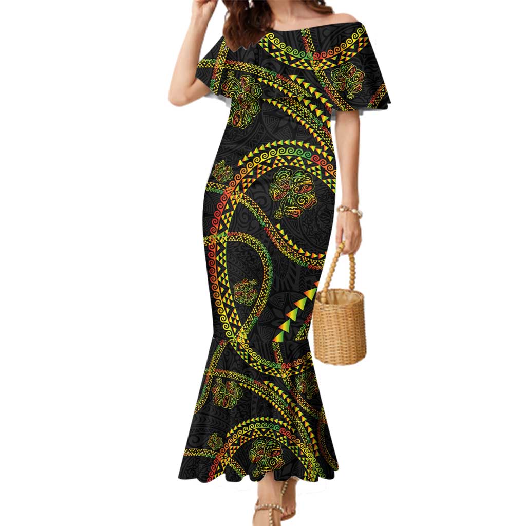 Hawaiian Kakau Art and Hisbiscus Tattoo Family Matching Mermaid Dress and Hawaiian Shirt Tribal Pattern-Reggae Style - Polynesian Pride