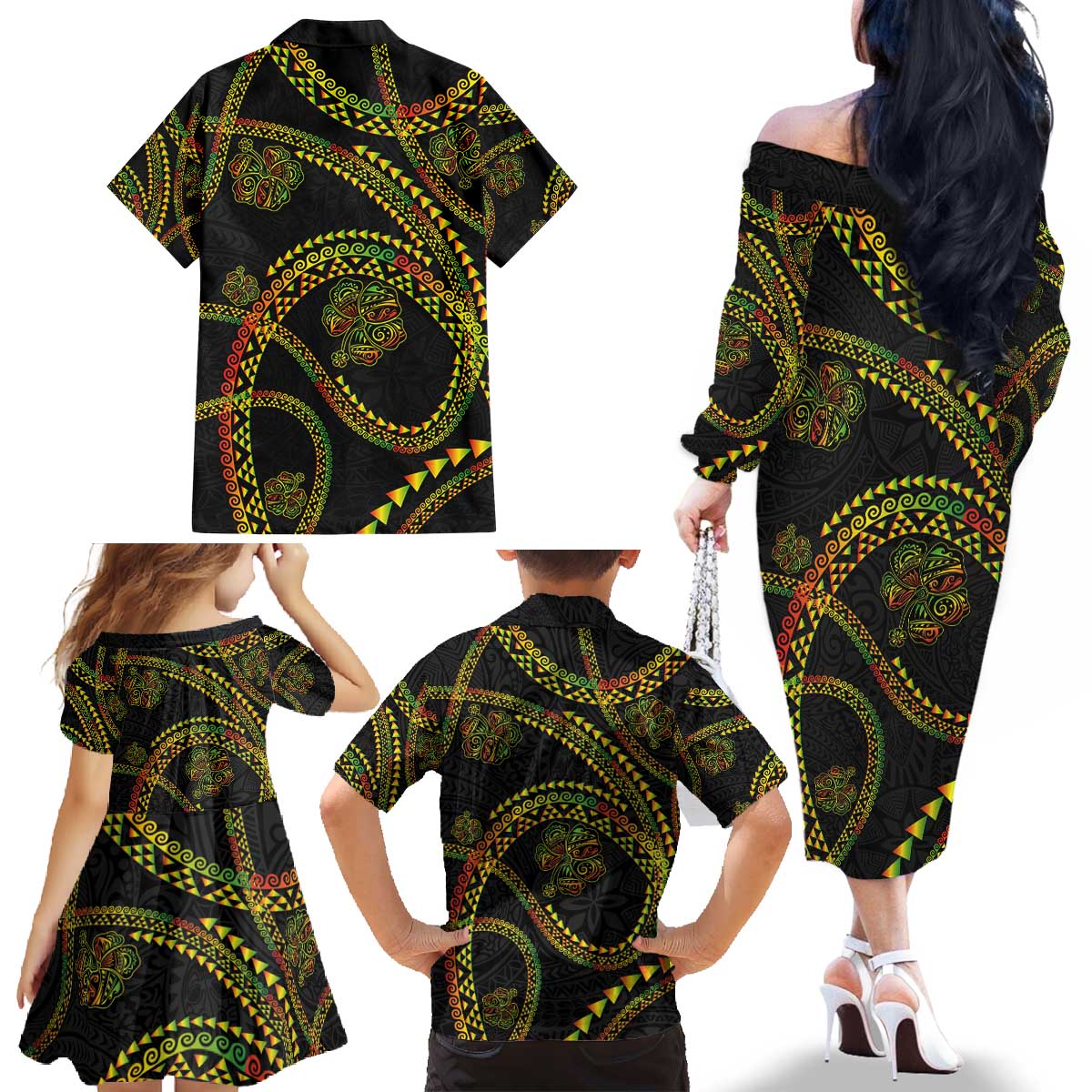 Hawaiian Kakau Art and Hisbiscus Tattoo Family Matching Off The Shoulder Long Sleeve Dress and Hawaiian Shirt Tribal Pattern-Reggae Style - Polynesian Pride