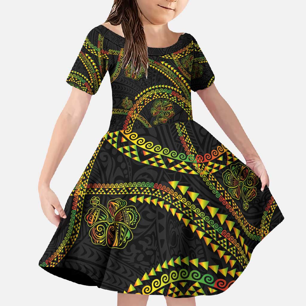 Hawaiian Kakau Art and Hisbiscus Tattoo Family Matching Off Shoulder Maxi Dress and Hawaiian Shirt Tribal Pattern-Reggae Style - Polynesian Pride