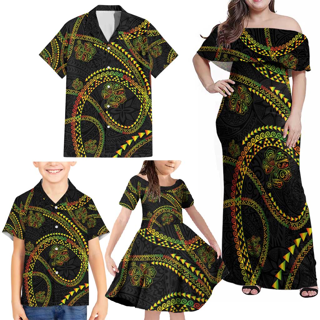 Hawaiian Kakau Art and Hisbiscus Tattoo Family Matching Off Shoulder Maxi Dress and Hawaiian Shirt Tribal Pattern-Reggae Style - Polynesian Pride
