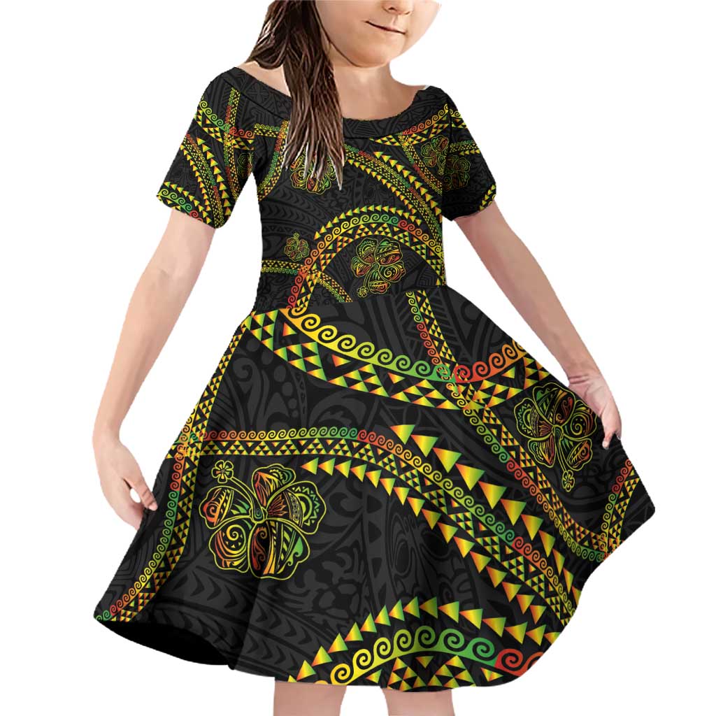 Hawaiian Kakau Art and Hisbiscus Tattoo Family Matching Off Shoulder Short Dress and Hawaiian Shirt Tribal Pattern-Reggae Style - Polynesian Pride