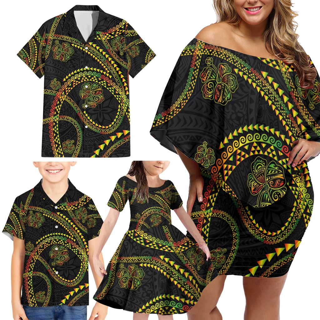 Hawaiian Kakau Art and Hisbiscus Tattoo Family Matching Off Shoulder Short Dress and Hawaiian Shirt Tribal Pattern-Reggae Style - Polynesian Pride