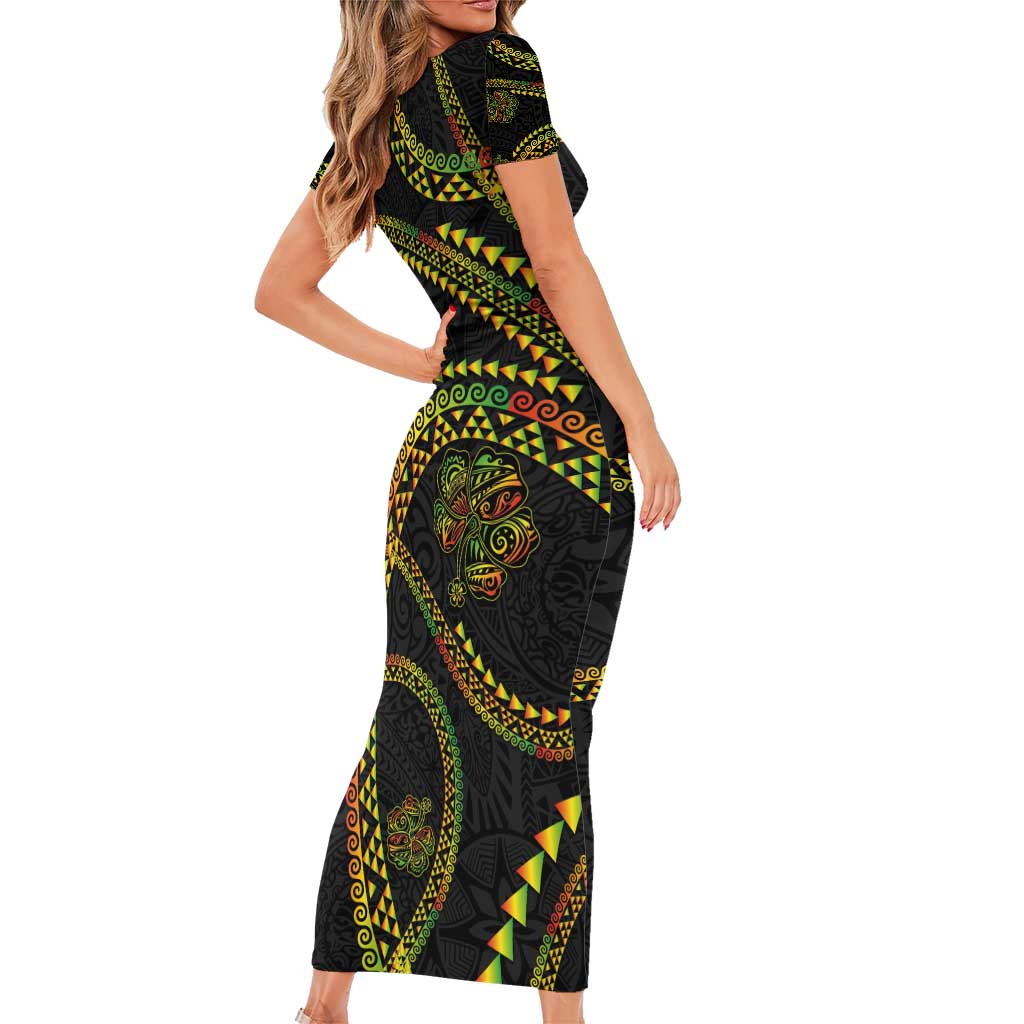 Hawaiian Kakau Art and Hisbiscus Tattoo Family Matching Short Sleeve Bodycon Dress and Hawaiian Shirt Tribal Pattern-Reggae Style - Polynesian Pride