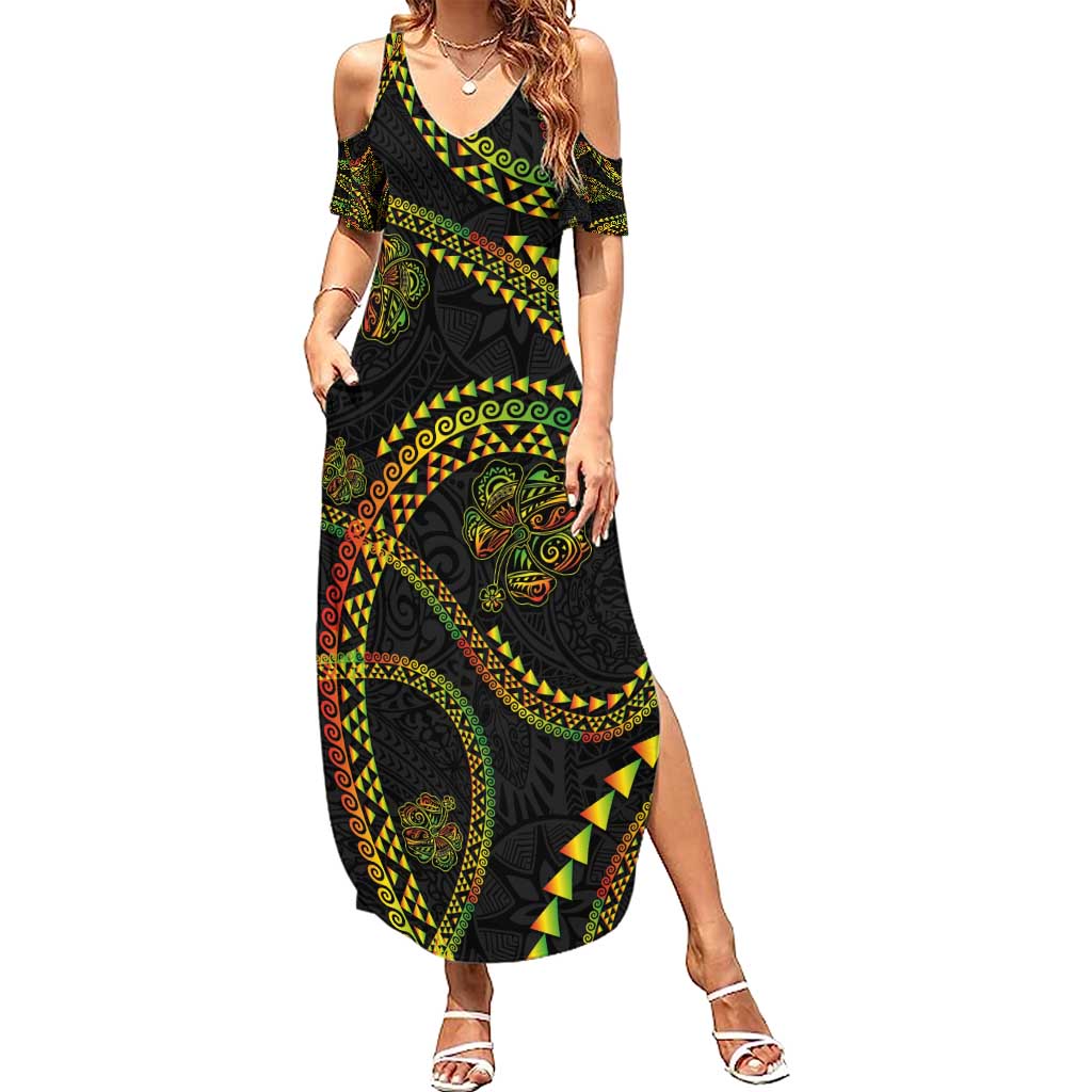 Hawaiian Kakau Art and Hisbiscus Tattoo Family Matching Summer Maxi Dress and Hawaiian Shirt Tribal Pattern-Reggae Style - Polynesian Pride