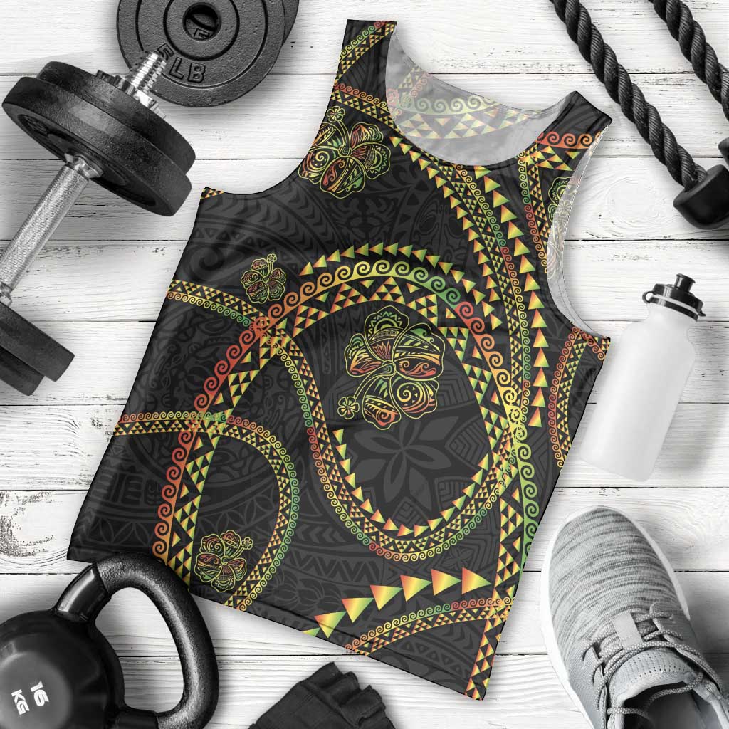 Hawaiian Kakau Art and Hisbiscus Tattoo Men Tank Top Tribal Pattern-Reggae Style - Polynesian Pride