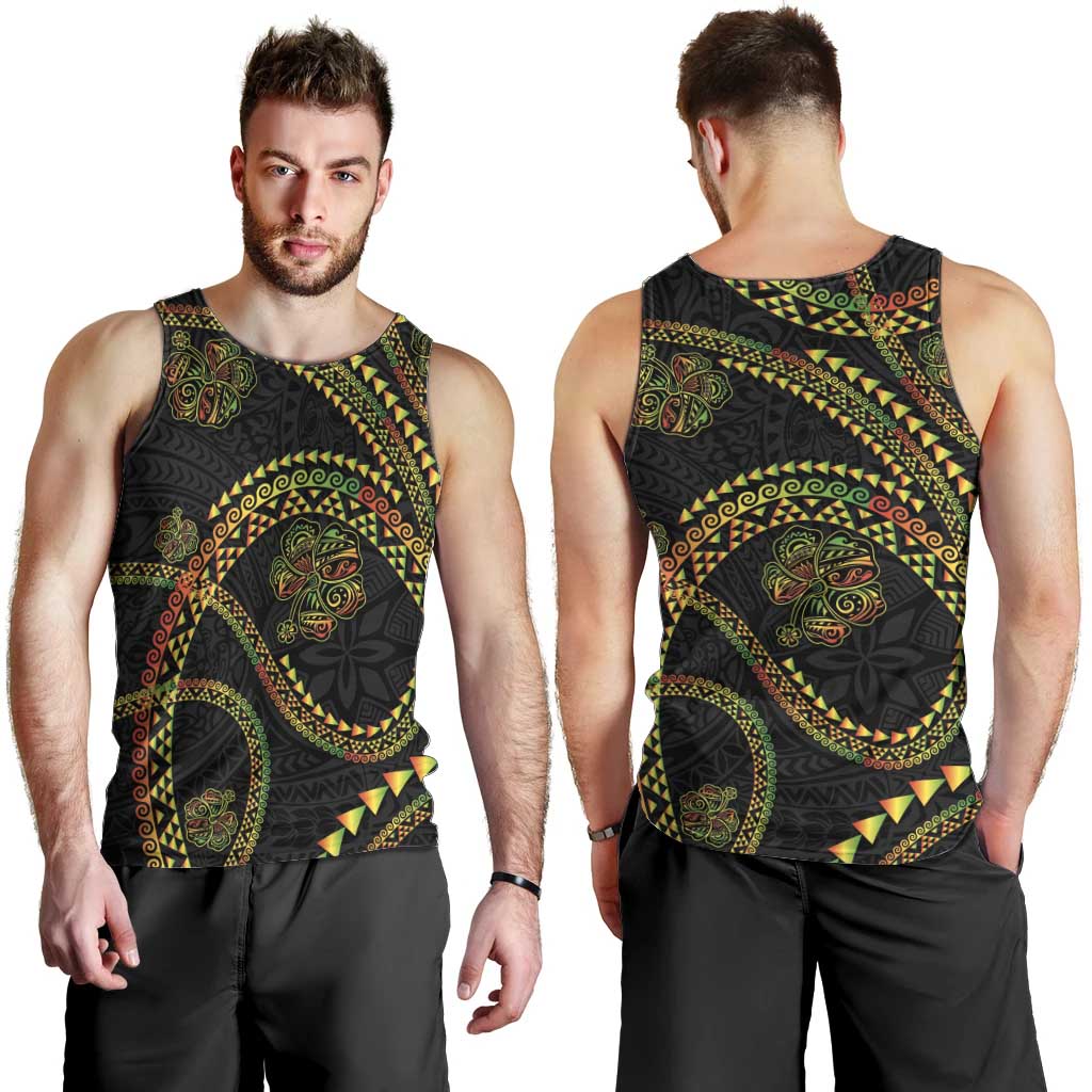 Hawaiian Kakau Art and Hisbiscus Tattoo Men Tank Top Tribal Pattern-Reggae Style - Polynesian Pride
