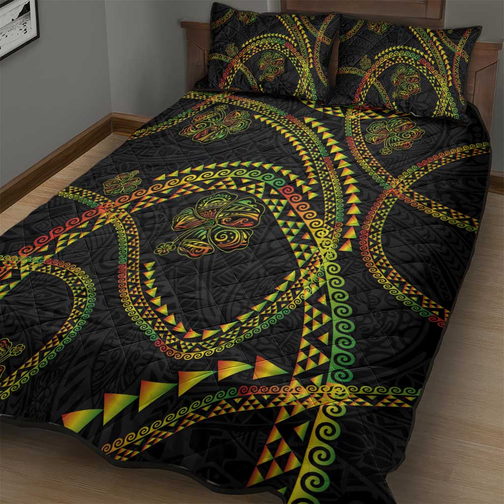 Hawaiian Kakau Art and Hisbiscus Tattoo Quilt Bed Set Tribal Pattern-Reggae Style - Polynesian Pride