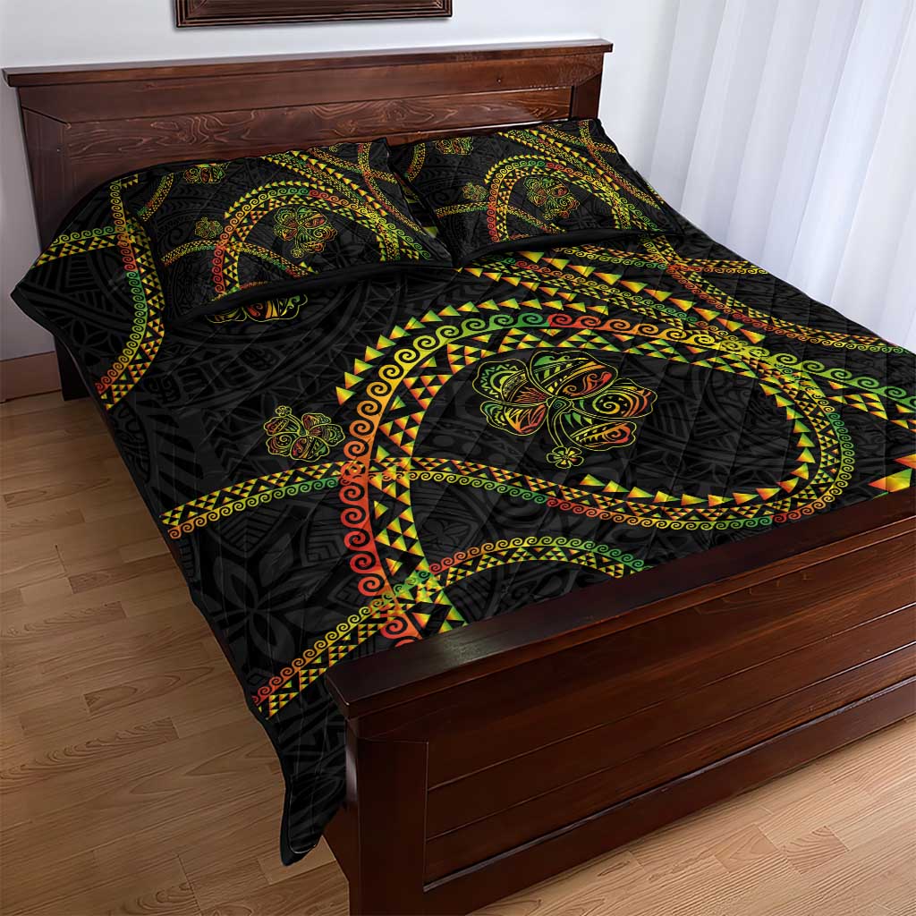 Hawaiian Kakau Art and Hisbiscus Tattoo Quilt Bed Set Tribal Pattern-Reggae Style - Polynesian Pride