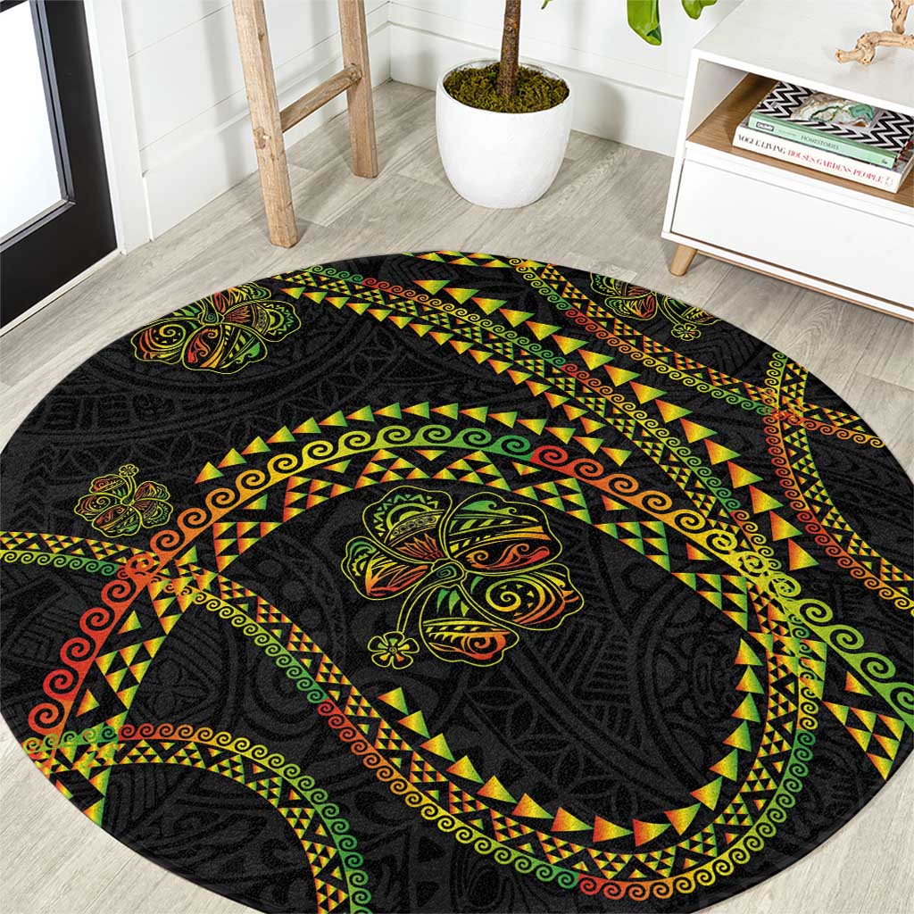Hawaiian Kakau Art and Hisbiscus Tattoo Round Carpet Tribal Pattern-Reggae Style - Polynesian Pride
