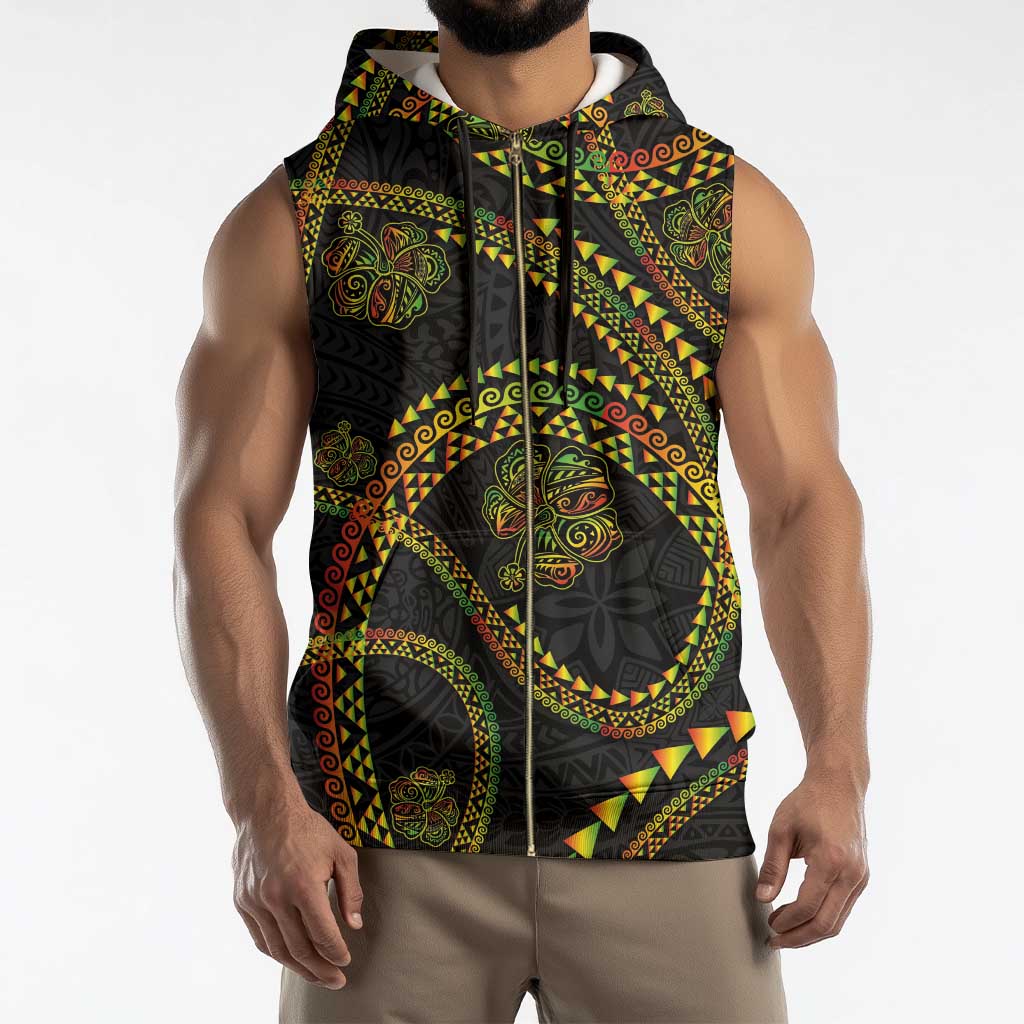 Hawaiian Kakau Art and Hisbiscus Tattoo Sleeveless Zip Hoodie Tribal Pattern-Reggae Style - Polynesian Pride
