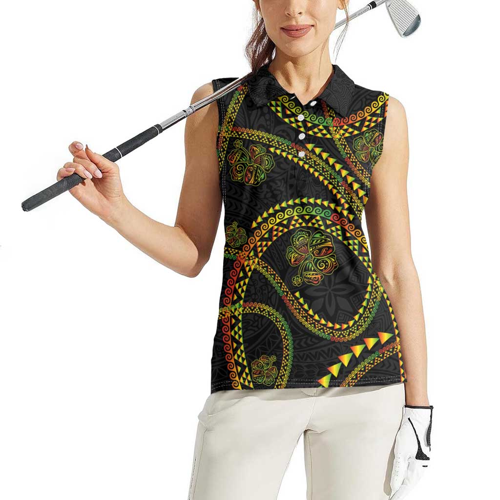 Hawaiian Kakau Art and Hisbiscus Tattoo Women Sleeveless Polo Shirt Tribal Pattern-Reggae Style - Polynesian Pride