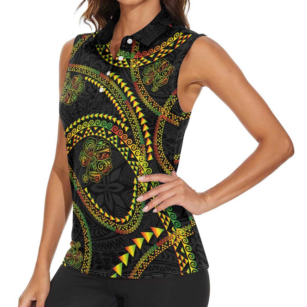 Hawaiian Kakau Art and Hisbiscus Tattoo Women Sleeveless Polo Shirt Tribal Pattern-Reggae Style - Polynesian Pride
