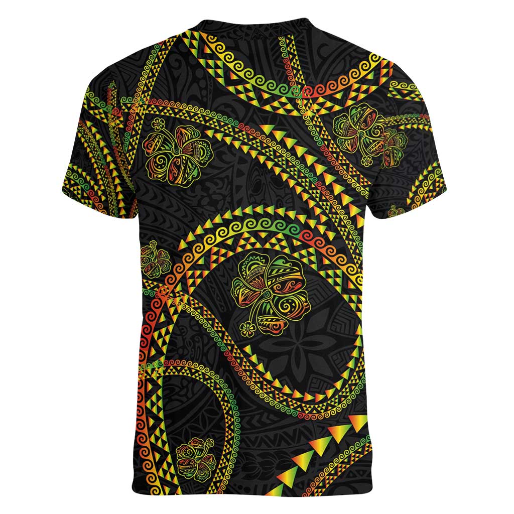 Hawaiian Kakau Art and Hisbiscus Tattoo Women V-Neck T-Shirt Tribal Pattern-Reggae Style - Polynesian Pride