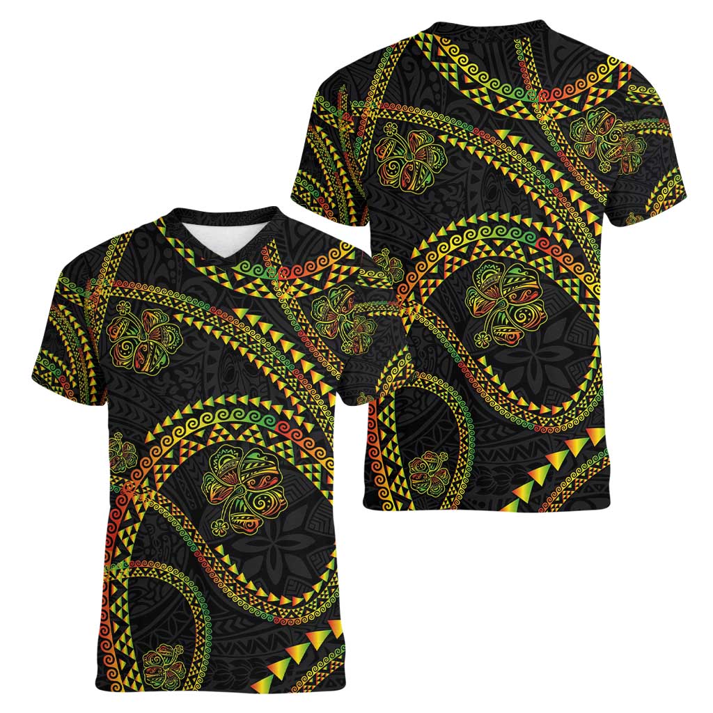 Hawaiian Kakau Art and Hisbiscus Tattoo Women V-Neck T-Shirt Tribal Pattern-Reggae Style - Polynesian Pride