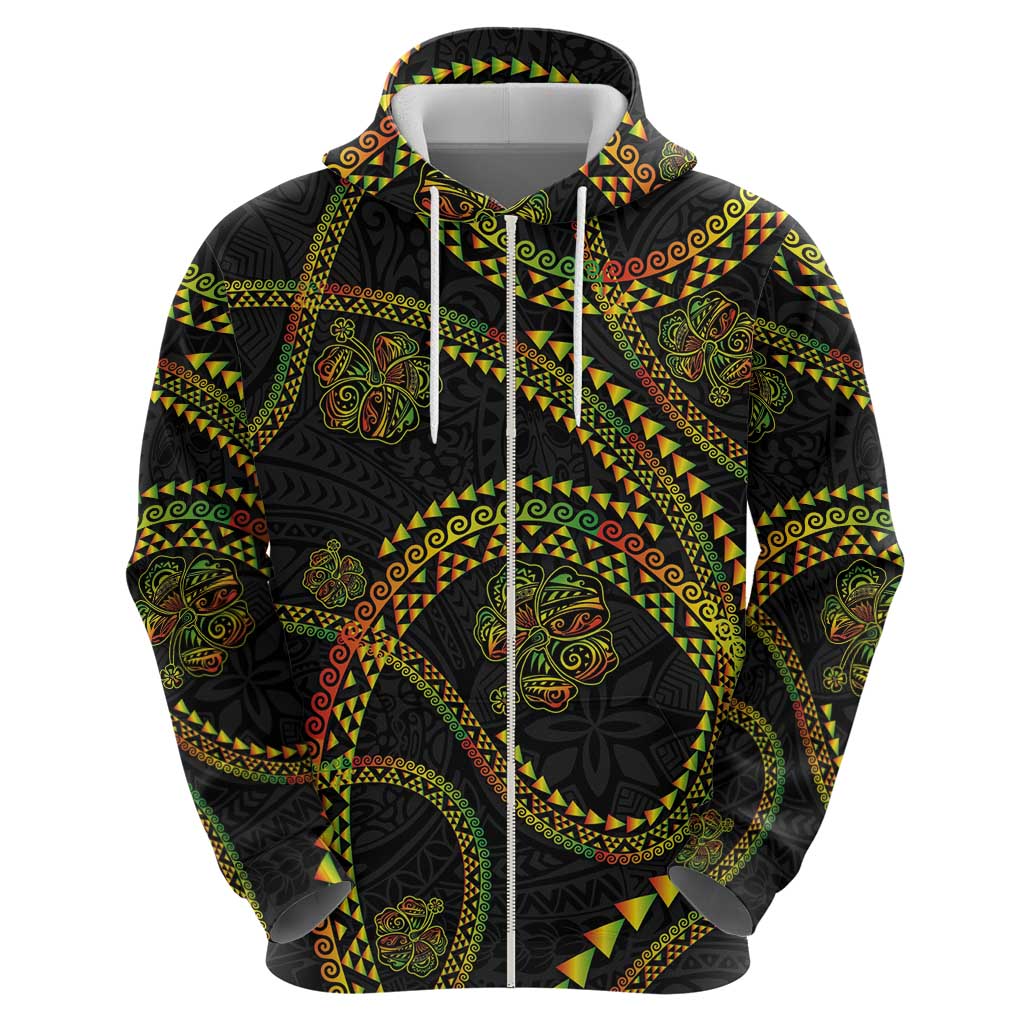 Hawaiian Kakau Art and Hisbiscus Tattoo Zip Hoodie Tribal Pattern-Reggae Style - Polynesian Pride