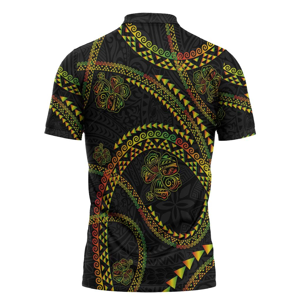 Hawaiian Kakau Art and Hisbiscus Tattoo Zipper Polo Shirt Tribal Pattern-Reggae Style - Polynesian Pride