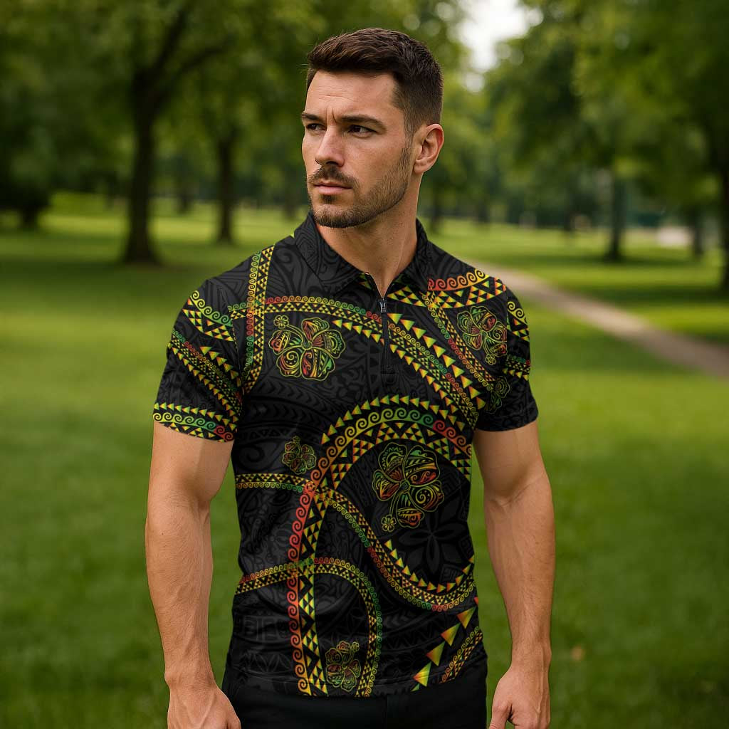 Hawaiian Kakau Art and Hisbiscus Tattoo Zipper Polo Shirt Tribal Pattern-Reggae Style - Polynesian Pride