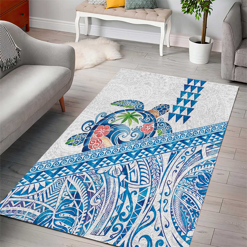 Hawaiian Abstract Sea Turtle Area Rug Polynesian Tapa Art and Kakau Tattoo White WaterColor - Polynesian Pride