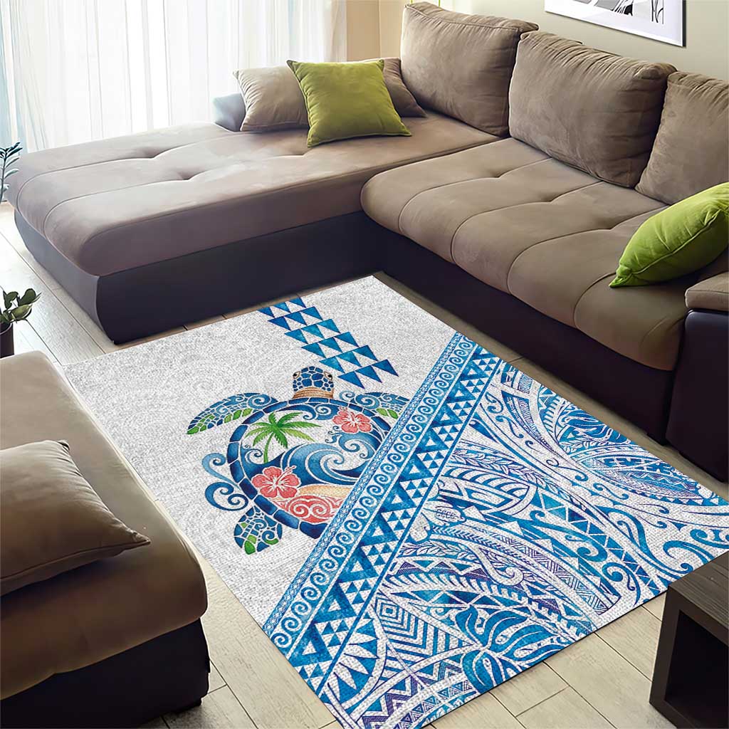 Hawaiian Abstract Sea Turtle Area Rug Polynesian Tapa Art and Kakau Tattoo White WaterColor - Polynesian Pride