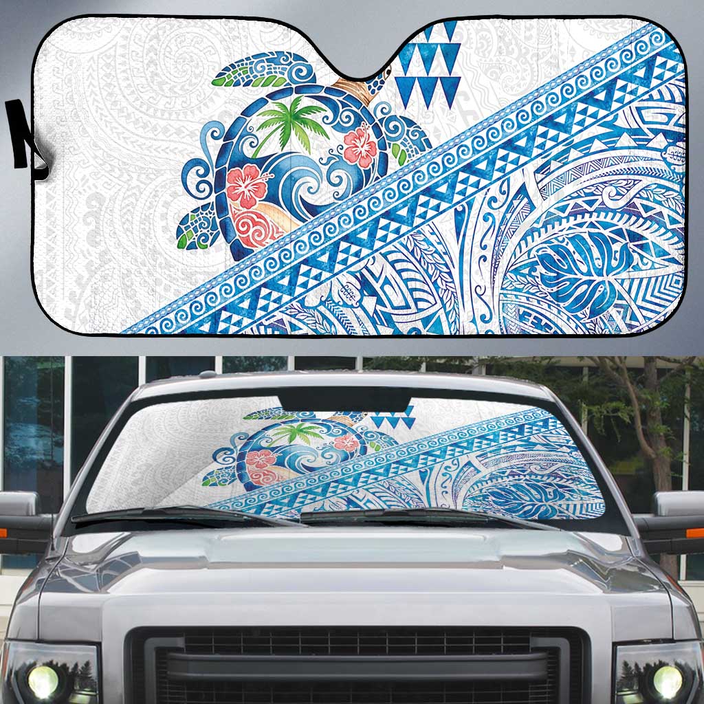 Hawaiian Abstract Sea Turtle Auto Sun Shade Polynesian Tapa Art and Kakau Tattoo White WaterColor - Polynesian Pride