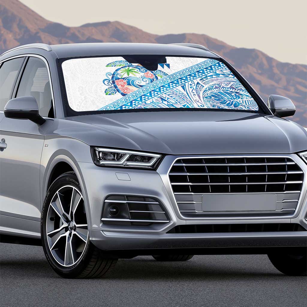 Hawaiian Abstract Sea Turtle Auto Sun Shade Polynesian Tapa Art and Kakau Tattoo White WaterColor - Polynesian Pride