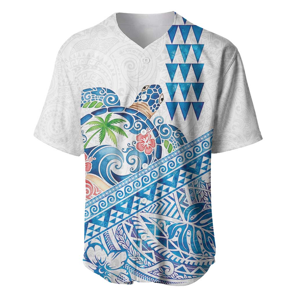Hawaiian Abstract Sea Turtle Baseball Jersey Polynesian Tapa Art and Kakau Tattoo White WaterColor - Polynesian Pride