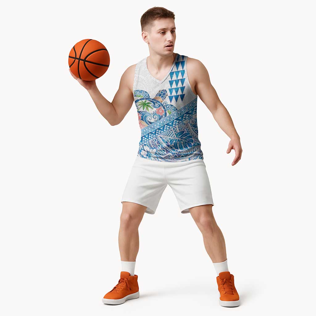 Hawaiian Abstract Sea Turtle Basketball Jersey Polynesian Tapa Art and Kakau Tattoo White WaterColor - Polynesian Pride